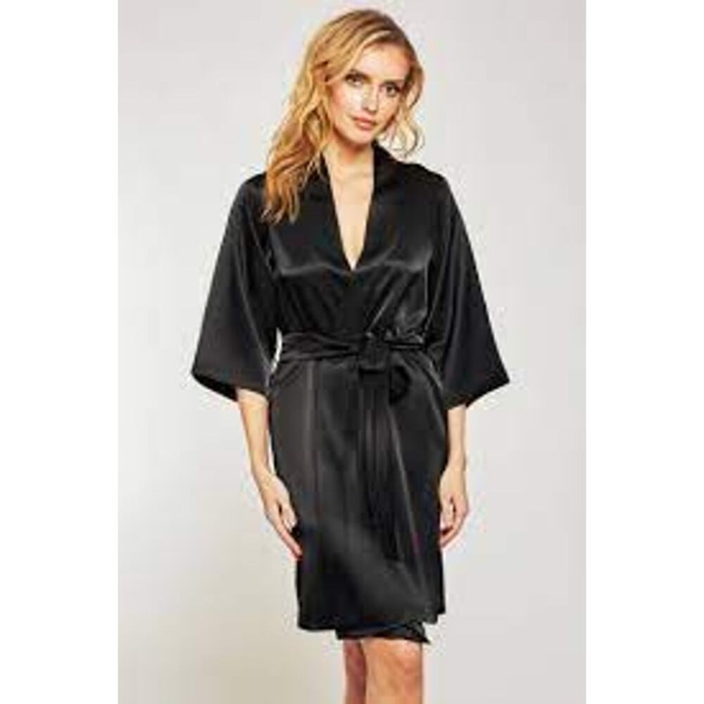 ICollection Womens Satin Robe Small Black 3/4 Sleeve Tie Waist Lightweight NWT